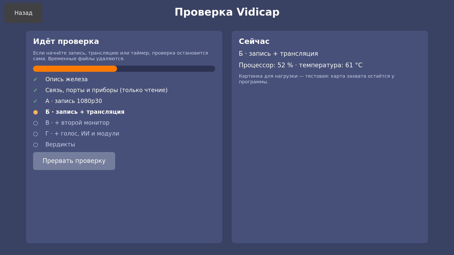 Идёт проверка на Vidicap Touch 1.0