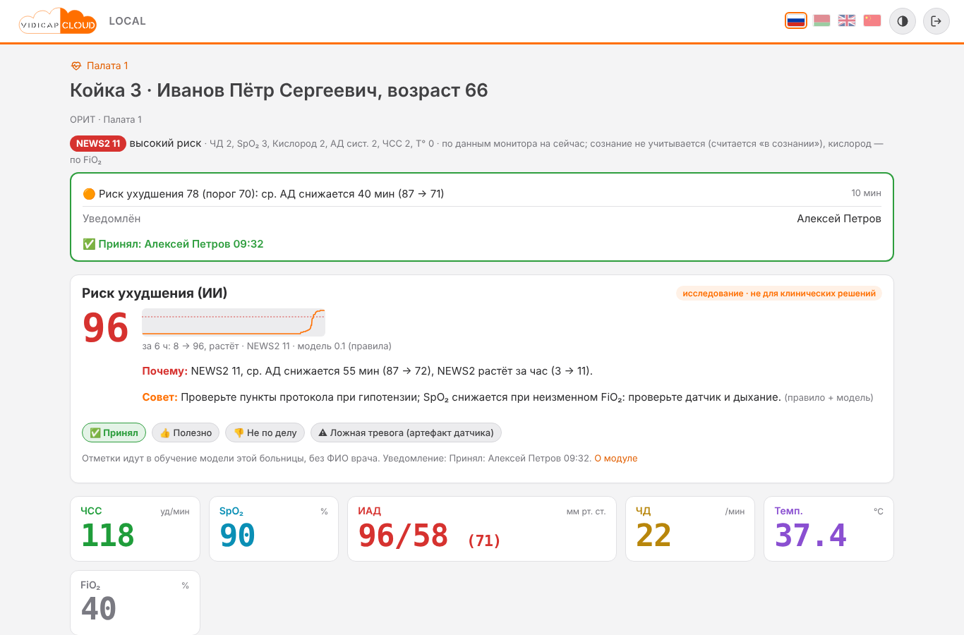 Риск ухудшения в карточке койки
