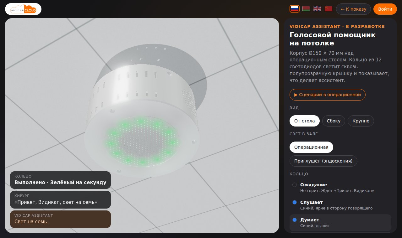 Vidicap Assistant в 3D: модель на потолке, кольцо и подписи разговора