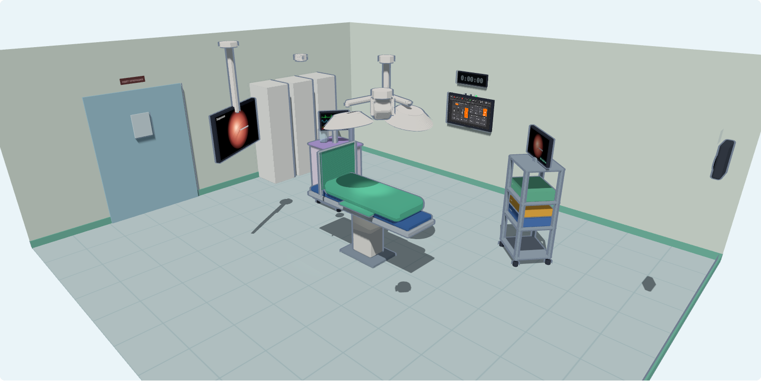 3D-операционная с модулями: свет, табло над дверью, колонка, внешний дисплей