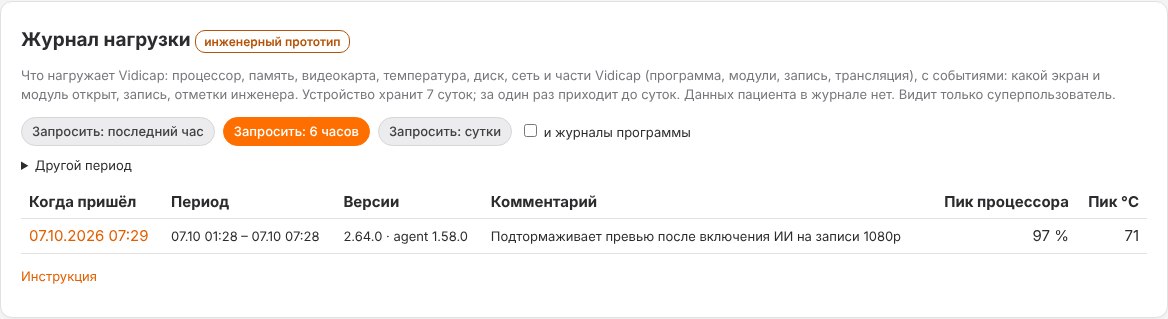 Журнал устройства: блок «Журнал нагрузки»