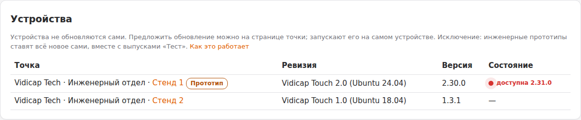 Список устройств: метка «Прототип»