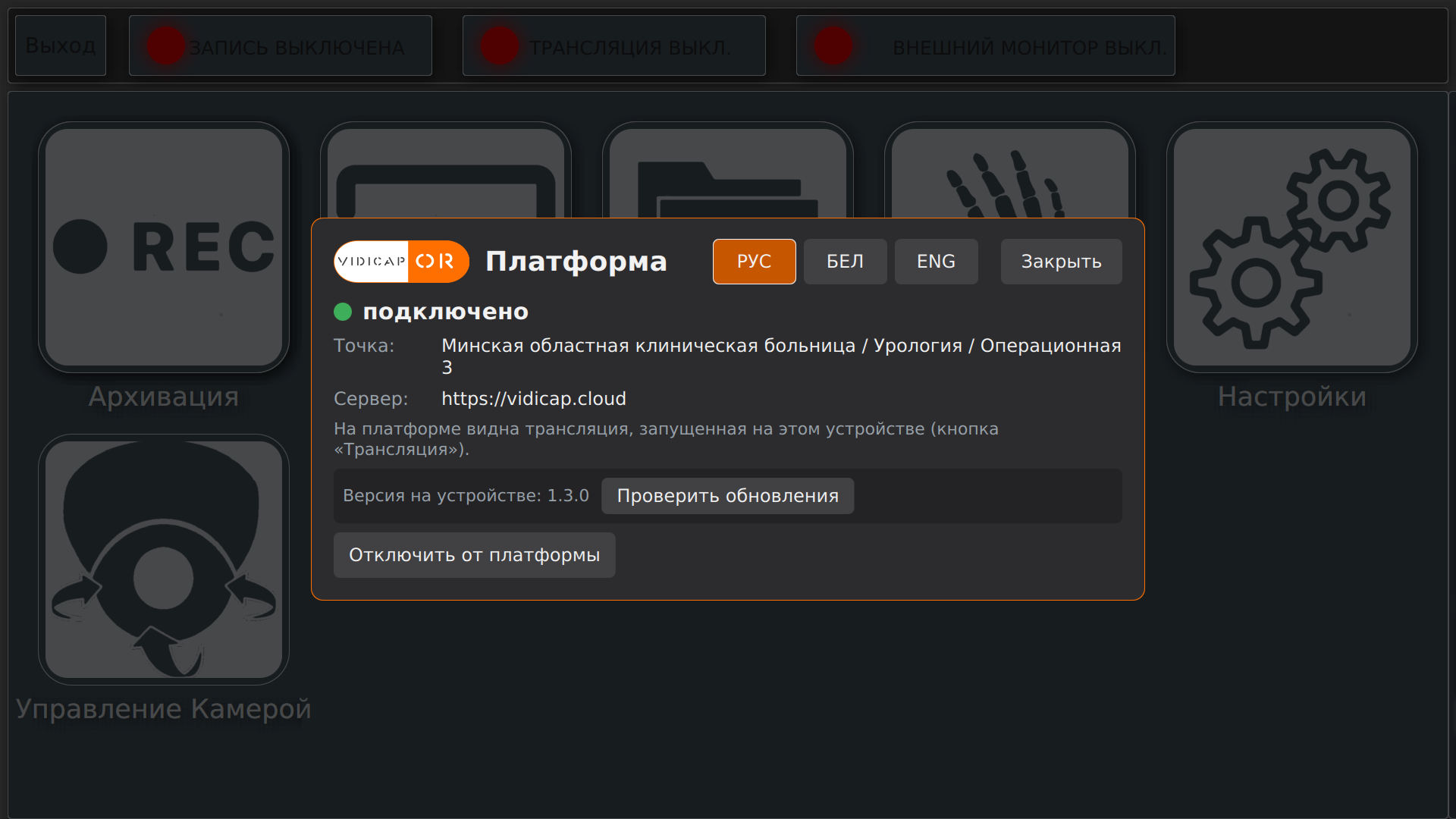 Панель «Платформа»: язык, состояние, обновления