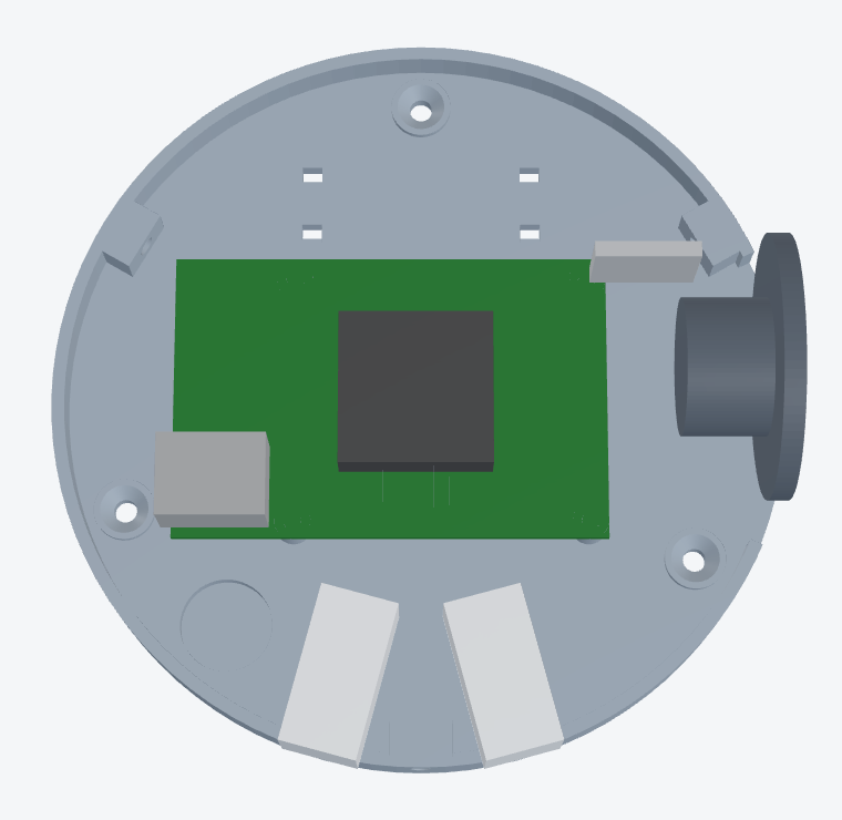 Раскладка на основании: Raspberry Pi, динамик, разъёмы, вырез для кабеля из потолка