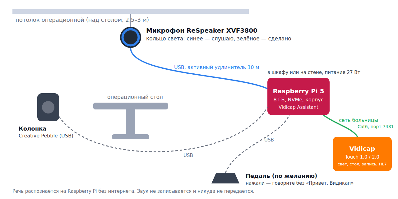 Схема: микрофон на потолке, Raspberry Pi, колонка, педаль, Vidicap